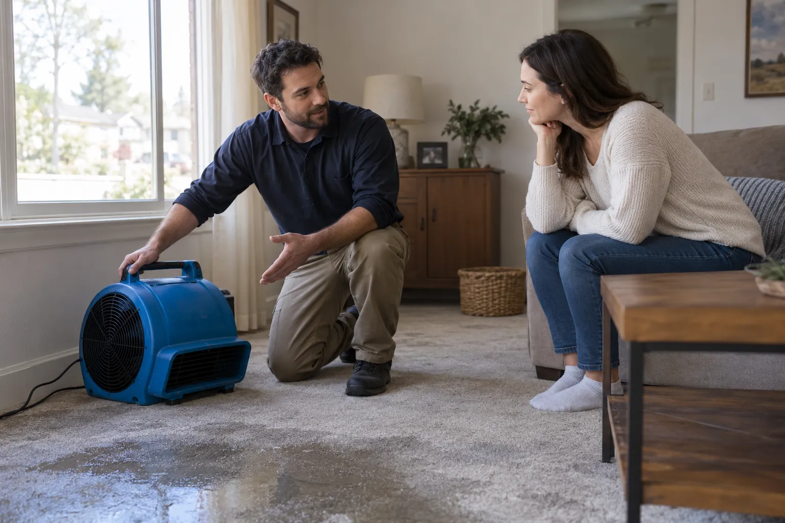 Water damage restoration technician drying a flooded living room in Indianapolis